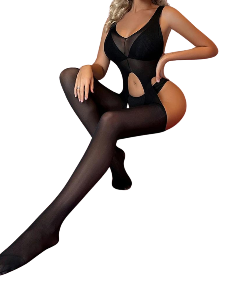 Blonde A woman wearing black bodystockings