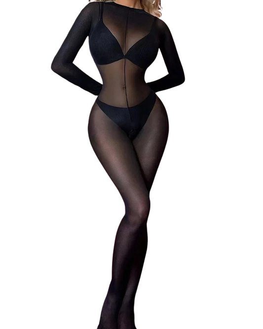 A woman in a full body black crotchless nylon bodysuit posing.