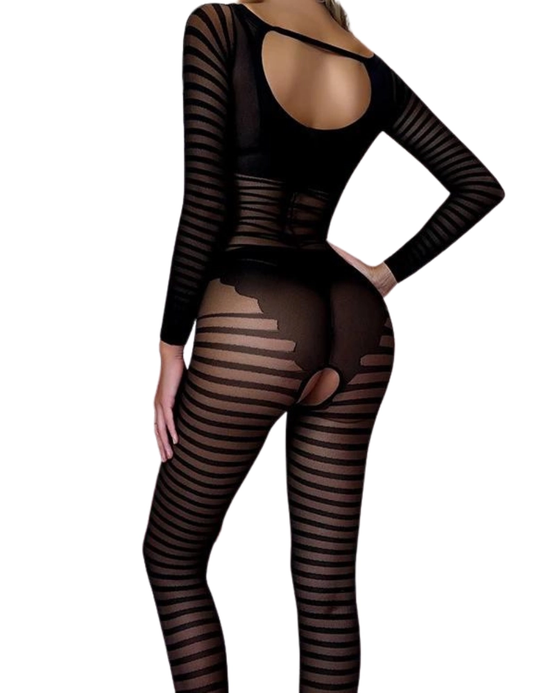 Woman in striped black open crotch bodystocking 