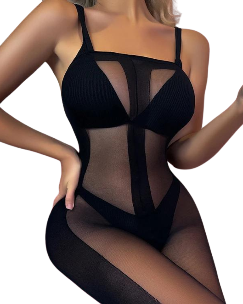 Black shaded nylon crotchless bodysuit